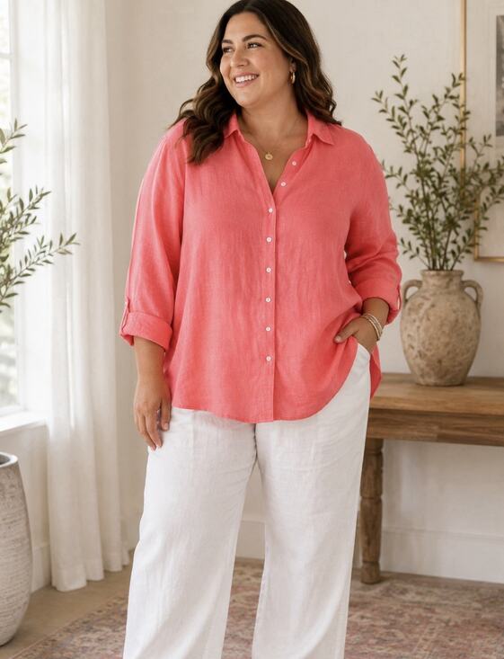 Sigrid Olsen Tops - Sigrid Olsen Linen Blouse Plus Size 3X NWT Roll Tab Sleeve Button Front